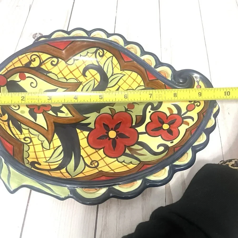 Vintage Corsica Home Hand-Painted Ceramic Dish – Paisley Leaf Shape, 9.5” x 8”